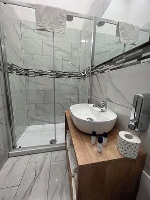 Habitación Deluxe | Baño | Regadera, secadora de cabello, bidet, toallas 
