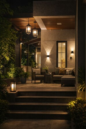 A modern outdoor seating area with steps leading up to a covered porch, surrounded by potted plants. -  Villa on rent Just 40km away from Pune. (pune)