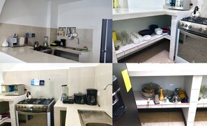 A kitchen with a stove, microwave, and various utensils. - Sol y Mar, Galápagos (San Cristóbal)