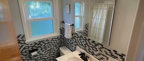 Hair dryer, towels, soap, toilet paper