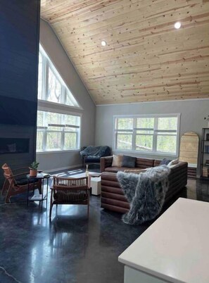 Smart TV, chimenea y libros 