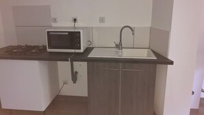 A compact kitchen with a gas stove, a microwave, a sink, and wooden cabinets. - Près du Parc de Verdure (Chomérac)