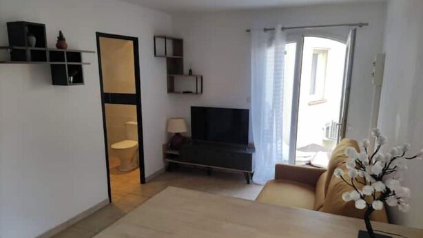 Un salón con sofá, televisor, mesa de centro y una planta decorativa. Hay una puerta que da a un baño y una ventana con cortinas.