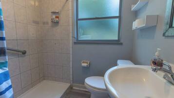 Shower, hair dryer, towels, soap