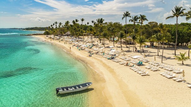 Ein Strand mit klarem türkisblauem Wasser, weißen Liegestühlen und Palmen.