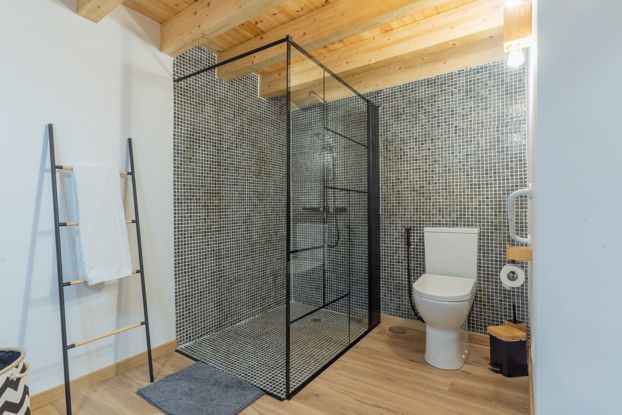 A modern bathroom with a shower enclosure, toilet, and a towel rack.