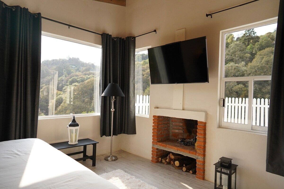 A bedroom with a bed, a TV mounted above a brick fireplace, and large windows with curtains.