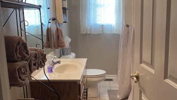 Hair dryer, towels, soap, shampoo