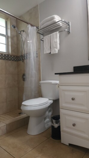 Ducha, secador de pelo, toallas y jabón