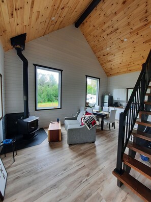 Fireplace, books, stereo