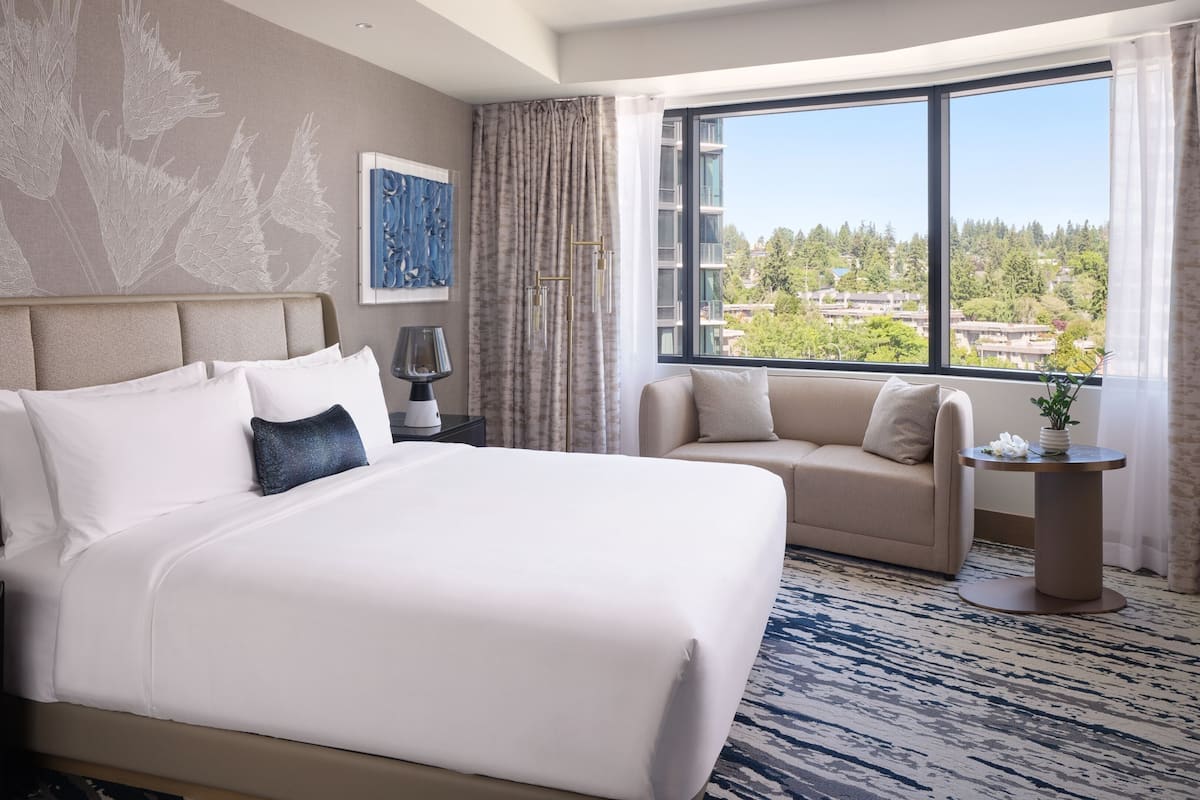 A hotel room with a large bed, a sofa, a nightstand, a lamp, a plant, and a window with a city view.