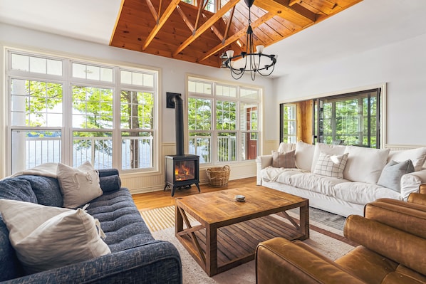Smart TV, fireplace, books