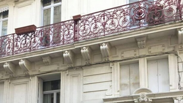 A building with a large potted tree in front, a red door, and ornate balcony railings.
