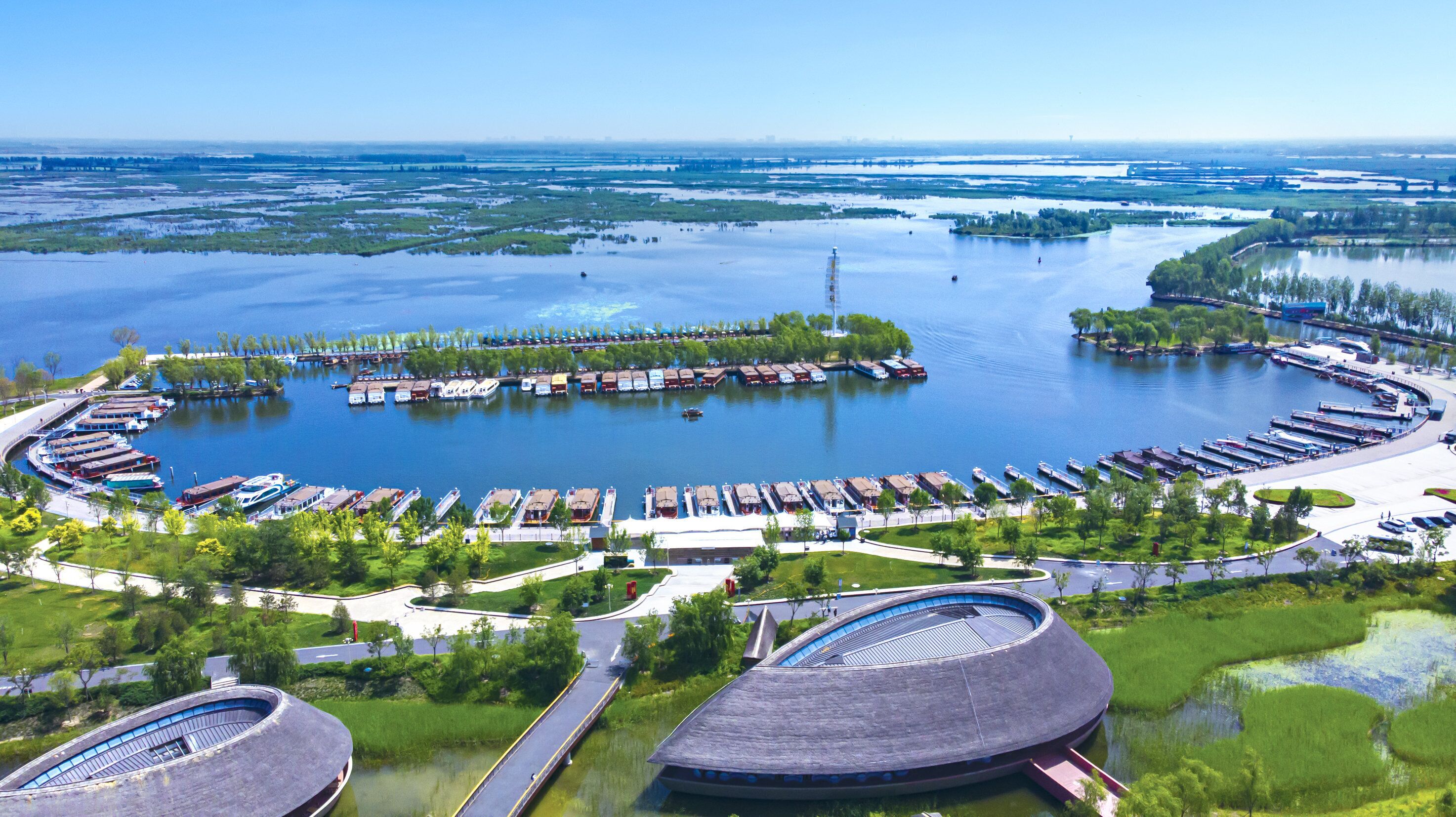 Een jachthaven met aangemeerde boten, omringd door water en begroeiing.