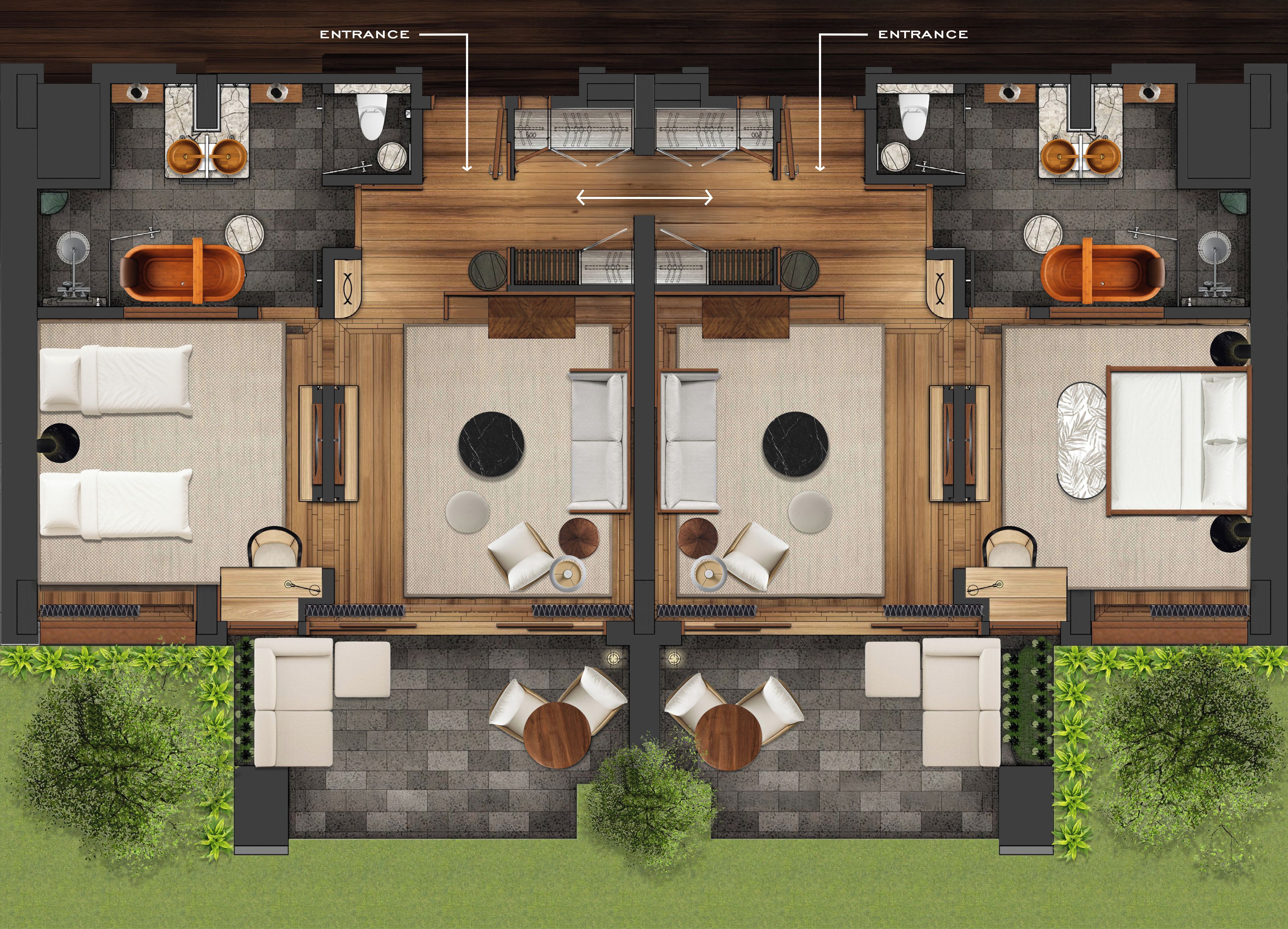 A symmetrical floor plan of a hotel with two separate bedrooms, a bathroom, a dining area, and a small outdoor seating space.