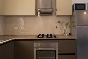 Fridge, microwave, oven, electric kettle