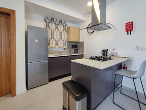 Fridge, microwave, oven, electric kettle