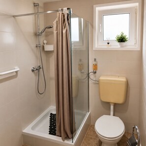 Kylpyhuoneessa on lasiseinällä varustettu suihku, wc ja ikkuna, jonka edessä on kasvi.