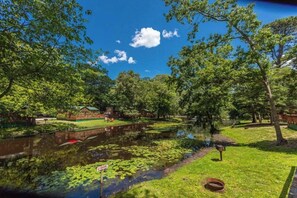 Un parque tranquilo junto al río con un puente de madera, un estanque cubierto de lirios y una zona de barbacoa.