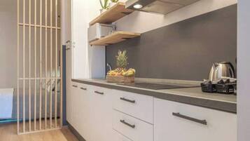 Kühlschrank, Mikrowelle, Herdplatte, Wasserkocher mit Kaffee-/Teezubehör