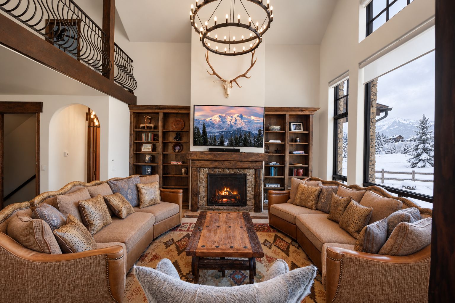 A cozy living room with a fireplace, leather sofas, a wooden coffee table, and a large window with a snowy mountain view.