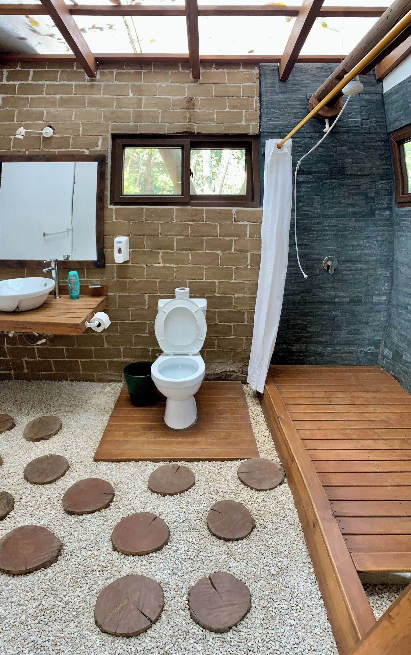 Shower, towels, soap, toilet paper