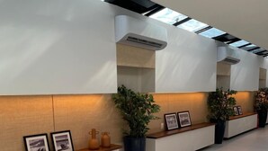 Ein moderner Empfangsbereich mit einer langen Rezeption, Blumentöpfen und gerahmten Bildern an der Wand.