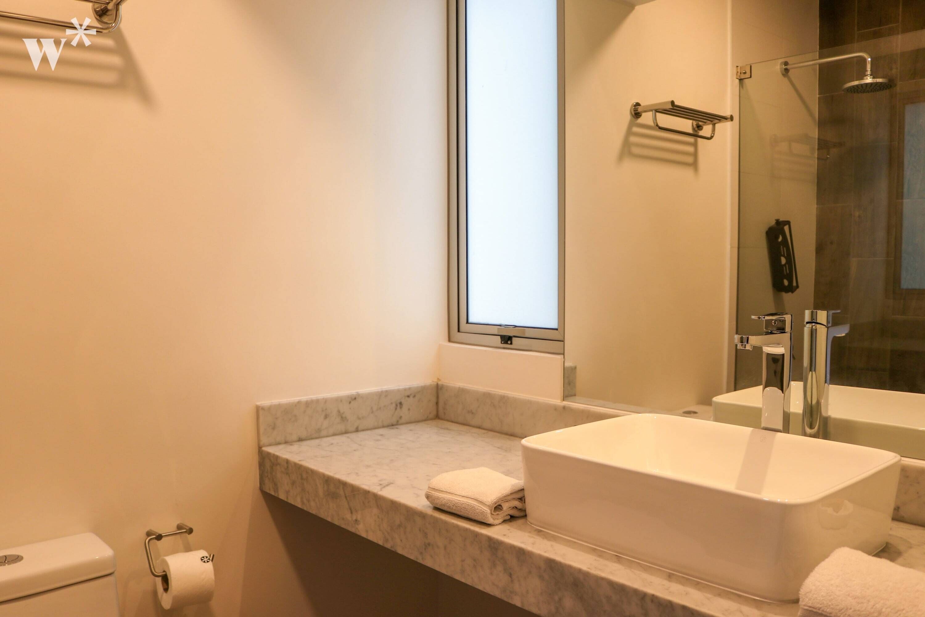A modern bathroom with a large bathtub, a toilet, and a shower area.
