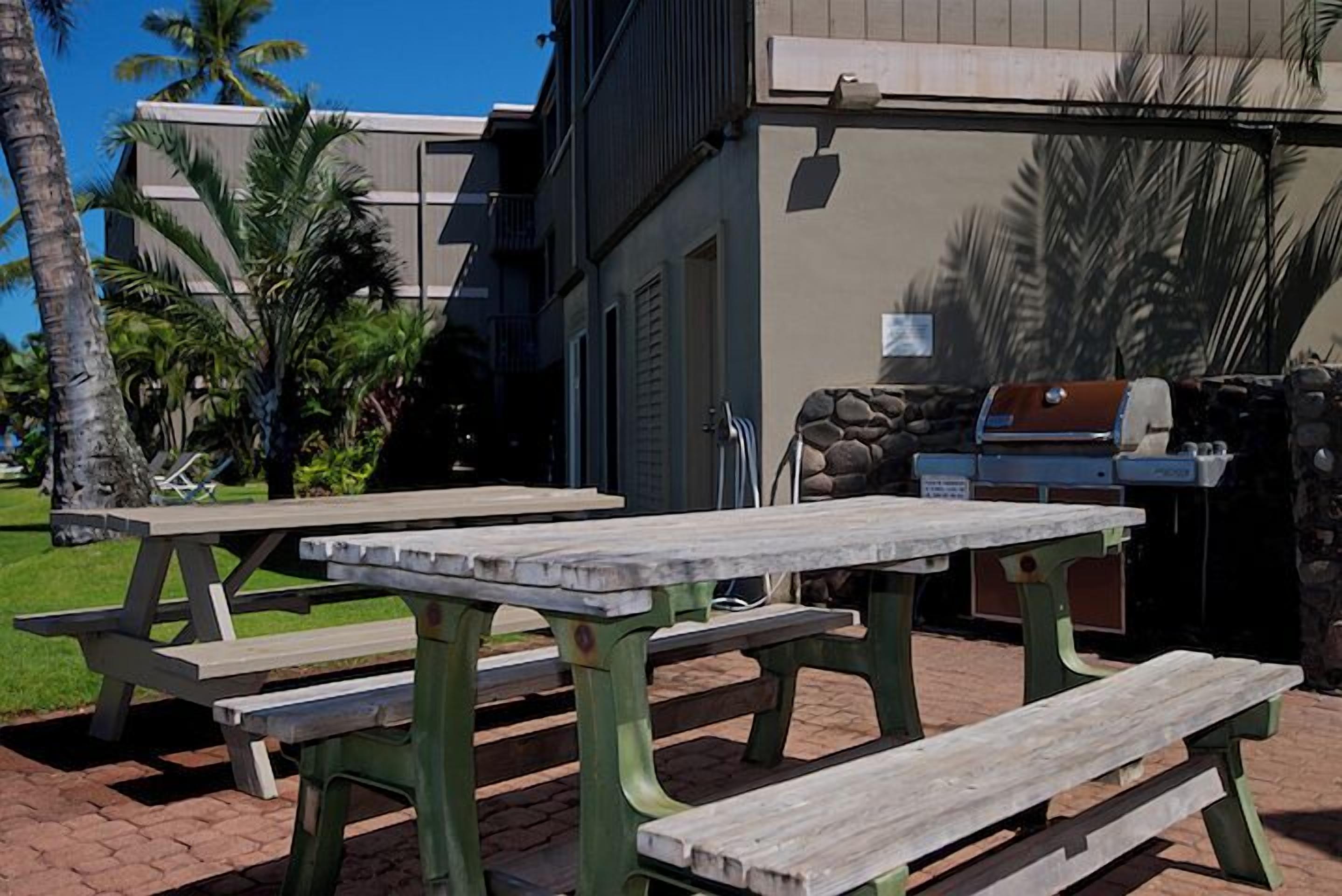 Des tables de pique-nique installées à l’extérieur, avec un barbecue en arrière-plan.