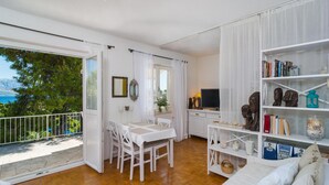 A spacious living area with a balcony, a dining table with chairs, a bookshelf, and a television.