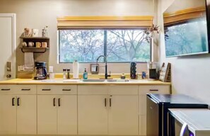 Fridge, microwave, coffee/tea maker, electric kettle