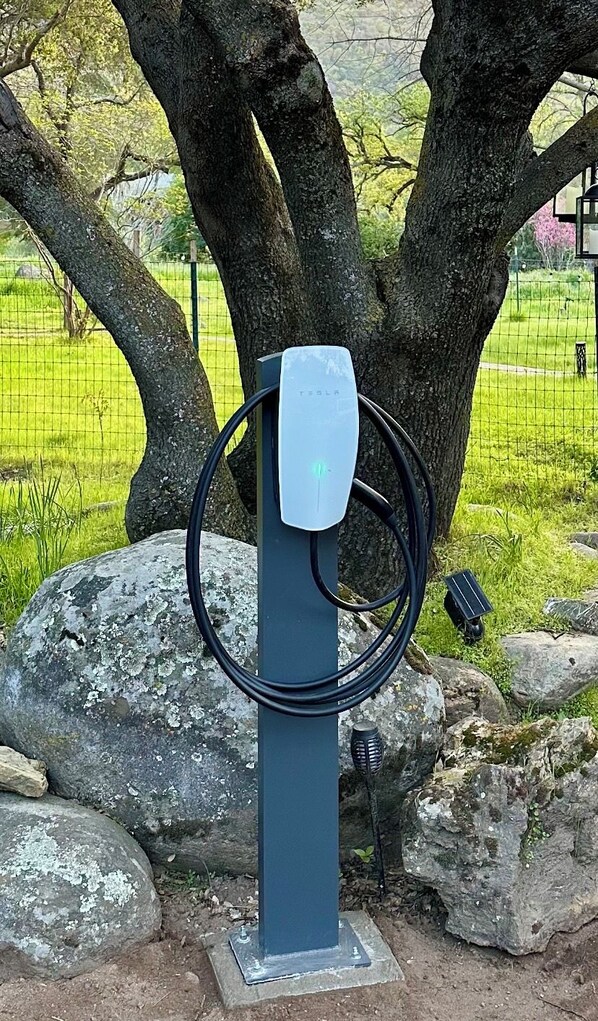 An electric vehicle charging station with a Tesla logo, surrounded by rocks and a tree.