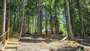A wooden staircase leading into a forested area with a cabin in the background. - Spacious cabin on beautiful Long Lake w/waterfront view, private dock, fire pit. (Princeton)