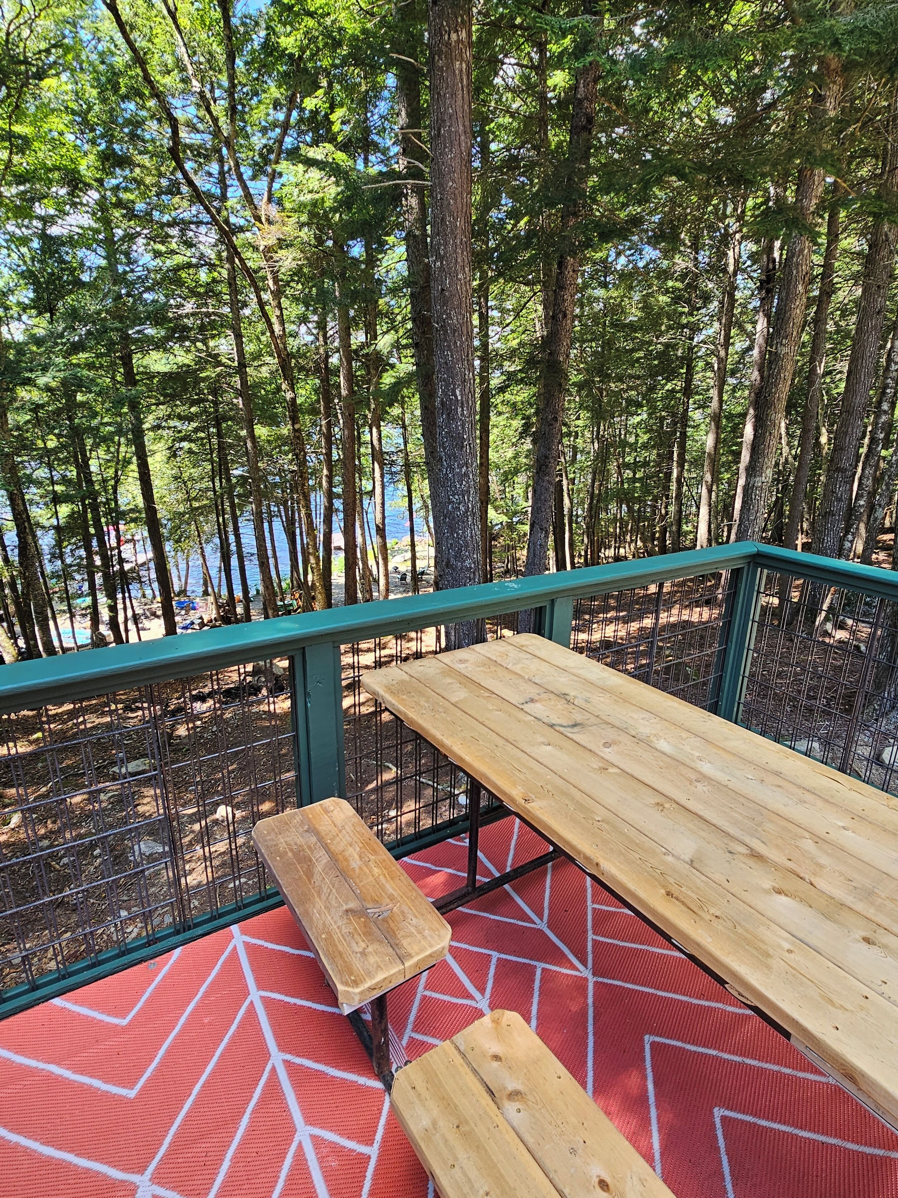 Une table de pique-nique en bois, avec des bancs, entourée d’un sol à motifs rouges et d’une balustrade verte, donnant sur une zone boisée et un plan d’eau.