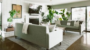 Un salon moderne avec un canapé gris, une table basse et un téléviseur fixé au mur. De grandes fenêtres et plusieurs plantes en pot agrémentent la pièce.