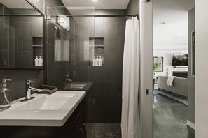 Douche, séchoir à cheveux, serviettes fournies, savon