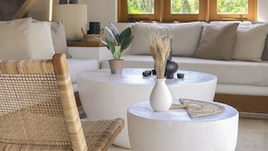 A living room with a large potted plant, a round white coffee table, a wicker chair, and a sofa.