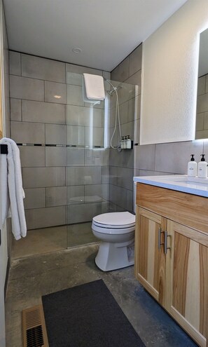 A modern bathroom with a glass-enclosed shower, a toilet, and a wooden vanity with a mirror. - Deer Cabin @ Orange Tractor Retreat: a 3BR modern cabin on 40 wooded acres (Wisconsin Dells)
