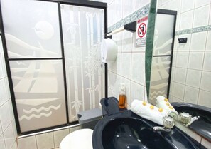 Shower, hair dryer, towels, soap