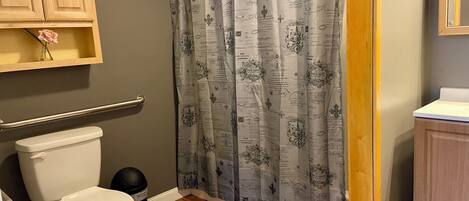 A bathroom with a toilet, a wooden cabinet, a shower curtain with a pattern, a white rug, and a wooden floor.