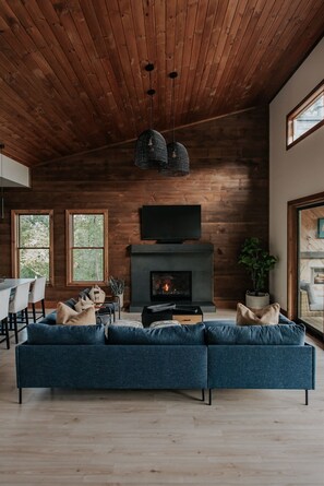 Smart-TV, Kamin, Videospiele, Bücher