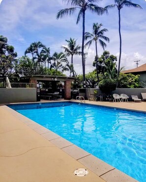 Una piscina con solárium de azulejos, palmeras y una zona de estar cubierta.