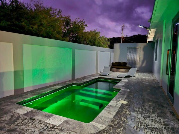 Une piscine à l’eau verdâtre, entourée d’un mur blanc et dotée d’un sol carrelé.
