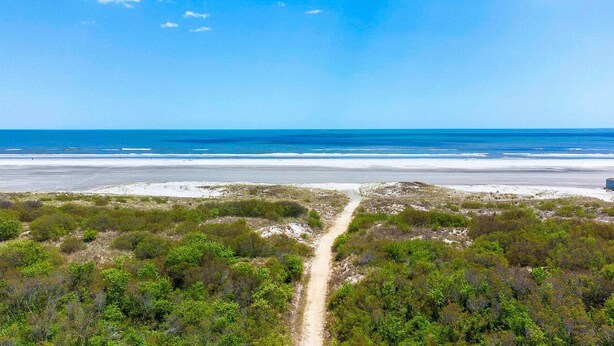 A coastal landscape with a dirt path leading to the beach, surrounded by dense greenery.