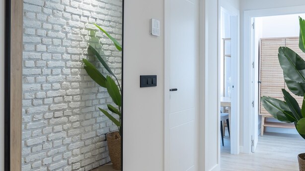 A hallway with a white brick wall, a large mirror, and a potted plant. - Meraki Suites (2 Rooms) (Astorga)