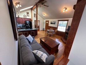 Smart TV, caminetto, tavolo da calcetto, libri