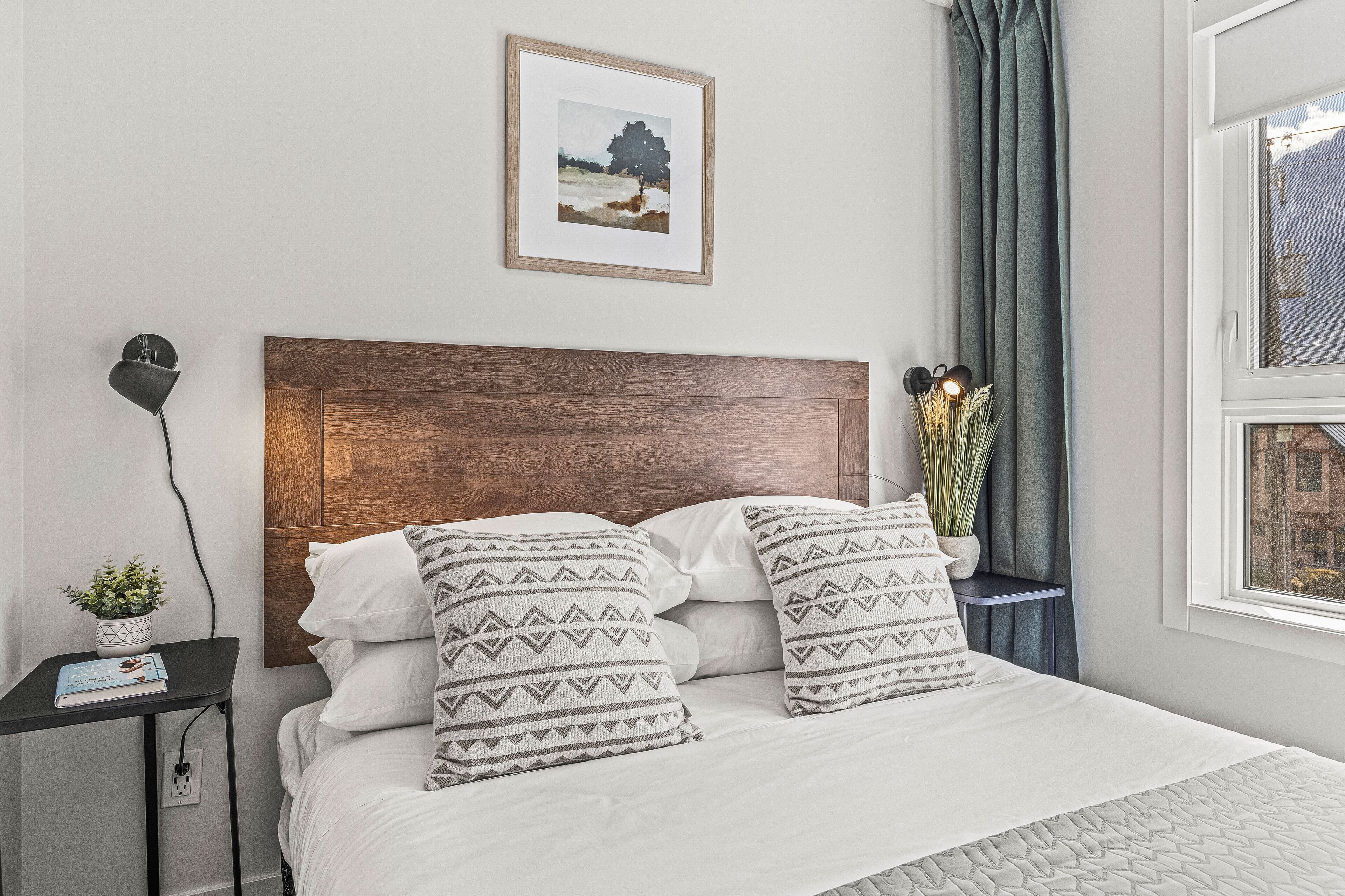 A neatly made bed with patterned pillows, a wooden headboard, a bedside table with a plant, and a framed picture on the wall.