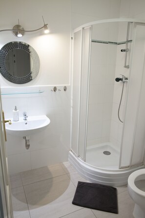 Combined shower/tub, hair dryer, towels