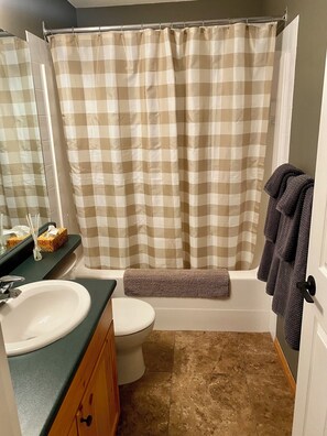 Ducha, secador de pelo, toallas, jabón