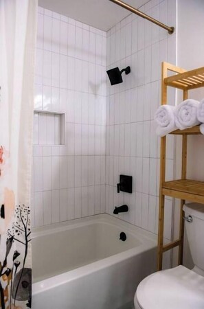 Hair dryer, towels, soap, shampoo